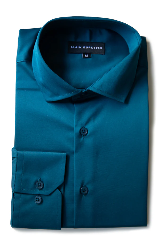 Slim Fit Dress Shirt in Dark Blue Emerald with Stretch - Image 4