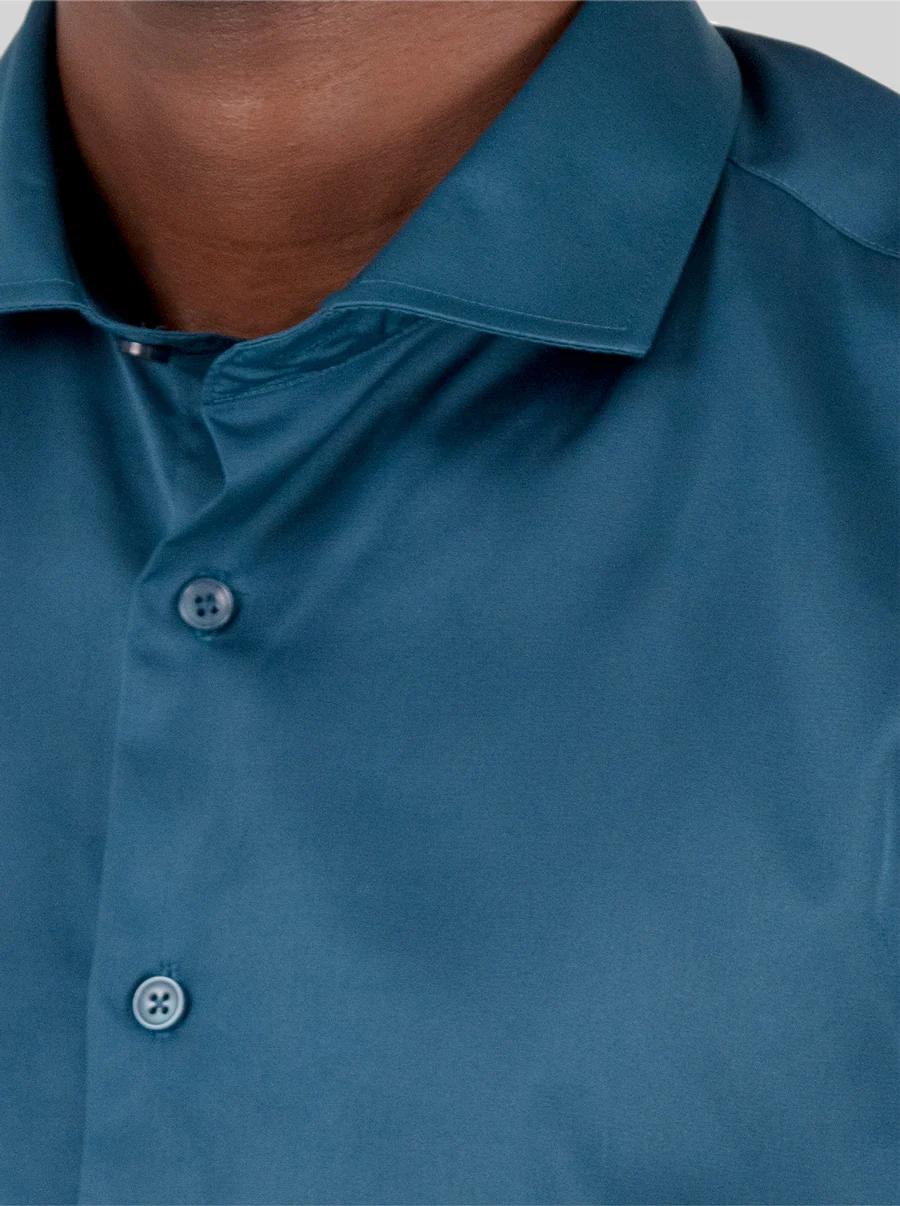Slim Fit Dress Shirt in Dark Blue Emerald with Stretch - Image 5