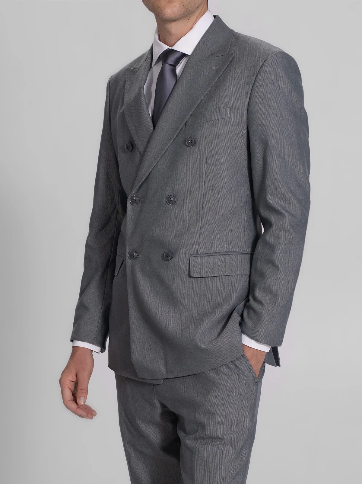Grey Blue Herringbone Double Breasted Suit - Image 2