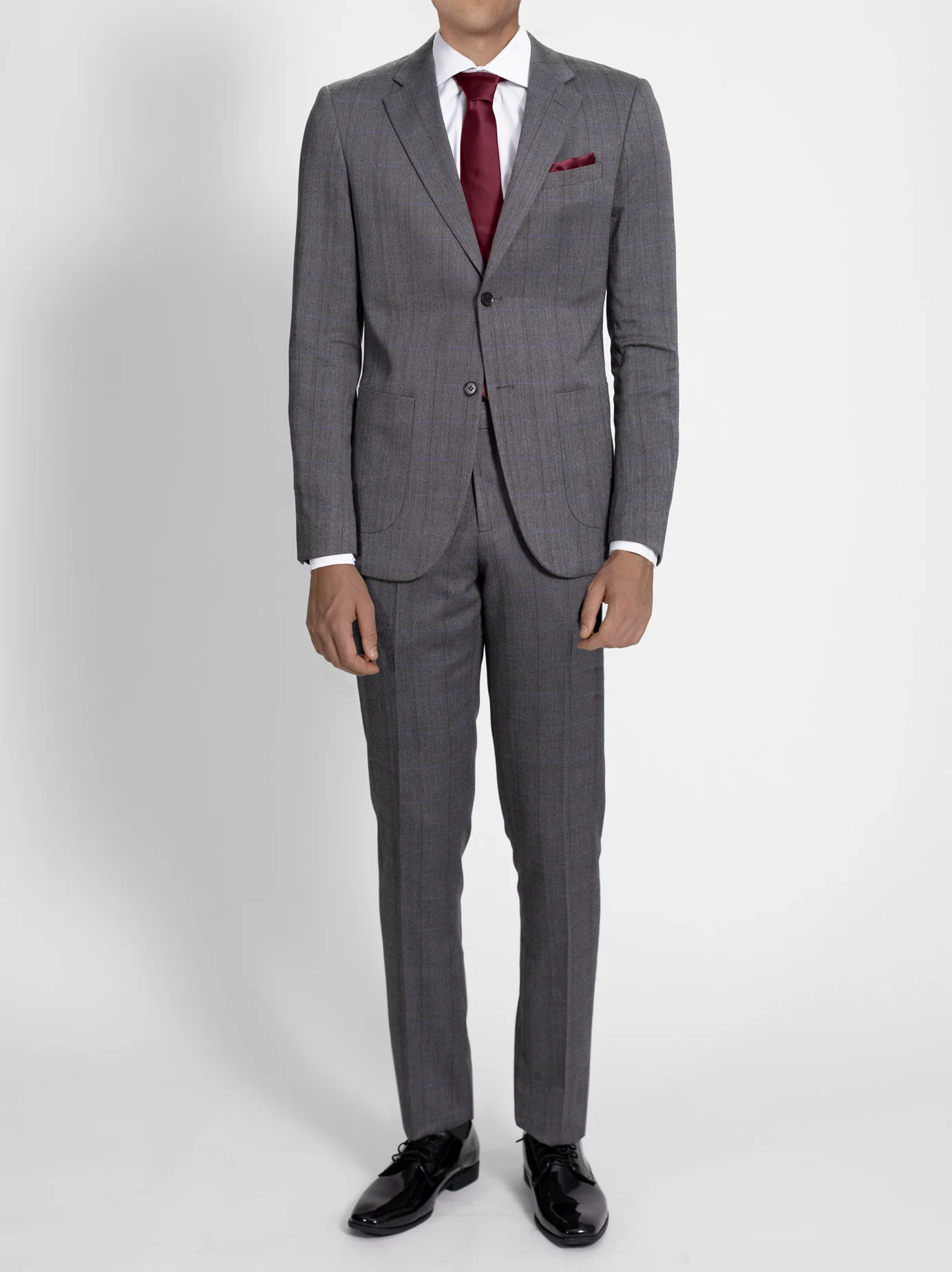 Grey Herringbone Windowpane Two Button Patch Pocket Suit - Image 3