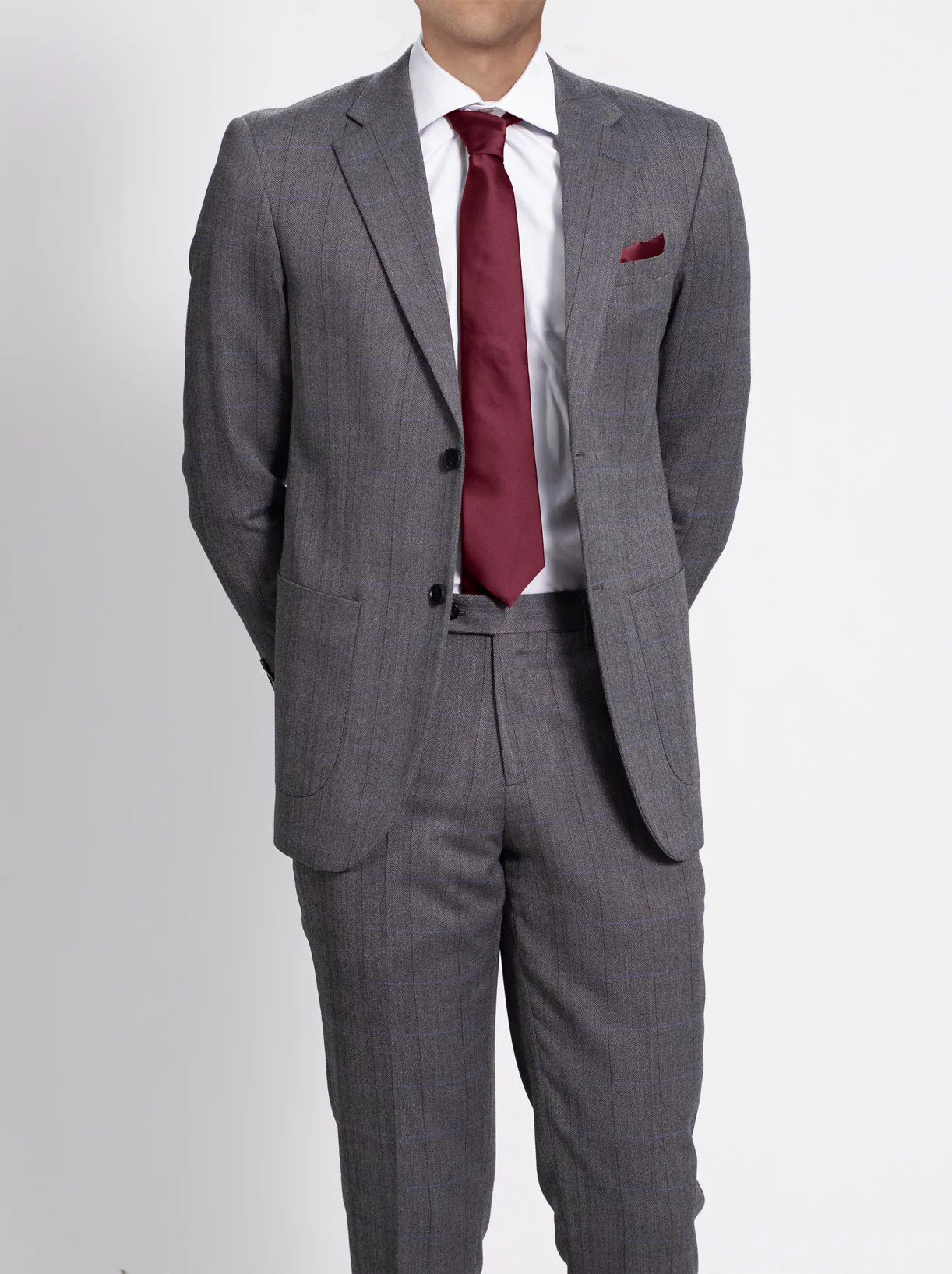 Grey Herringbone Windowpane Two Button Patch Pocket Suit - Image 4