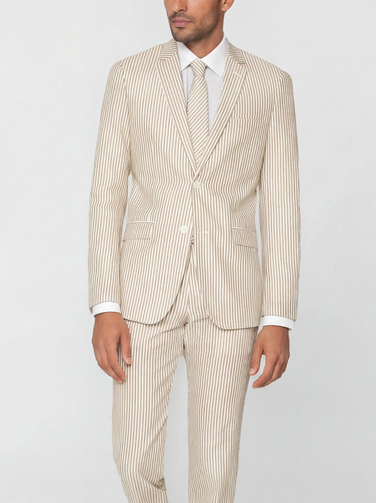 Khaki & White Seersucker Two Button Suit - Image 2