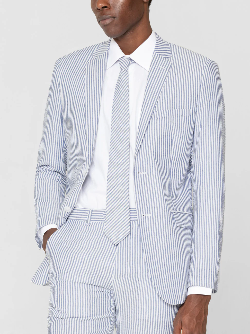 Navy Blue & White Seersucker Two Button Suit - Image 3
