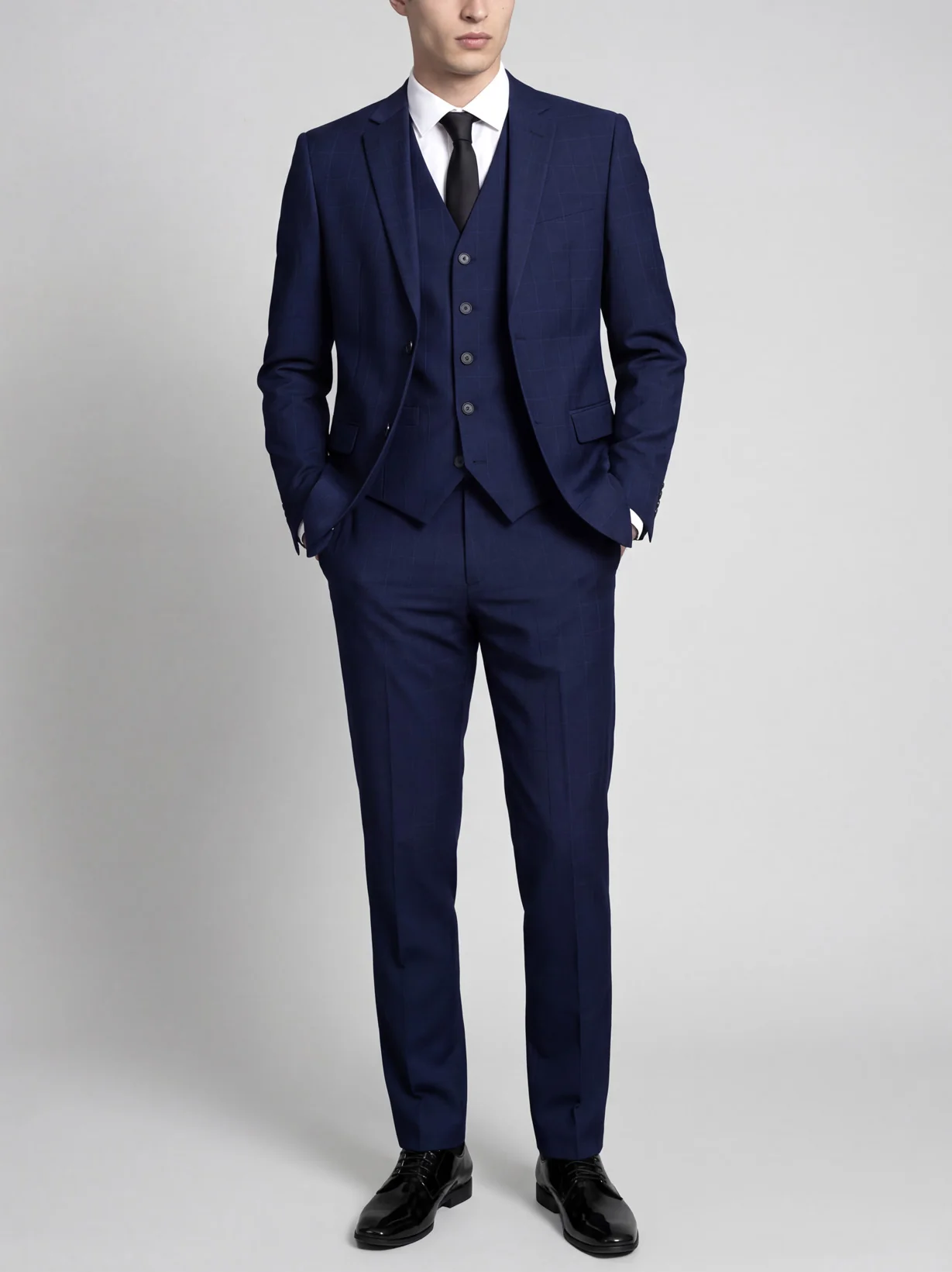 Navy Blue Windowpane Three Piece Suit