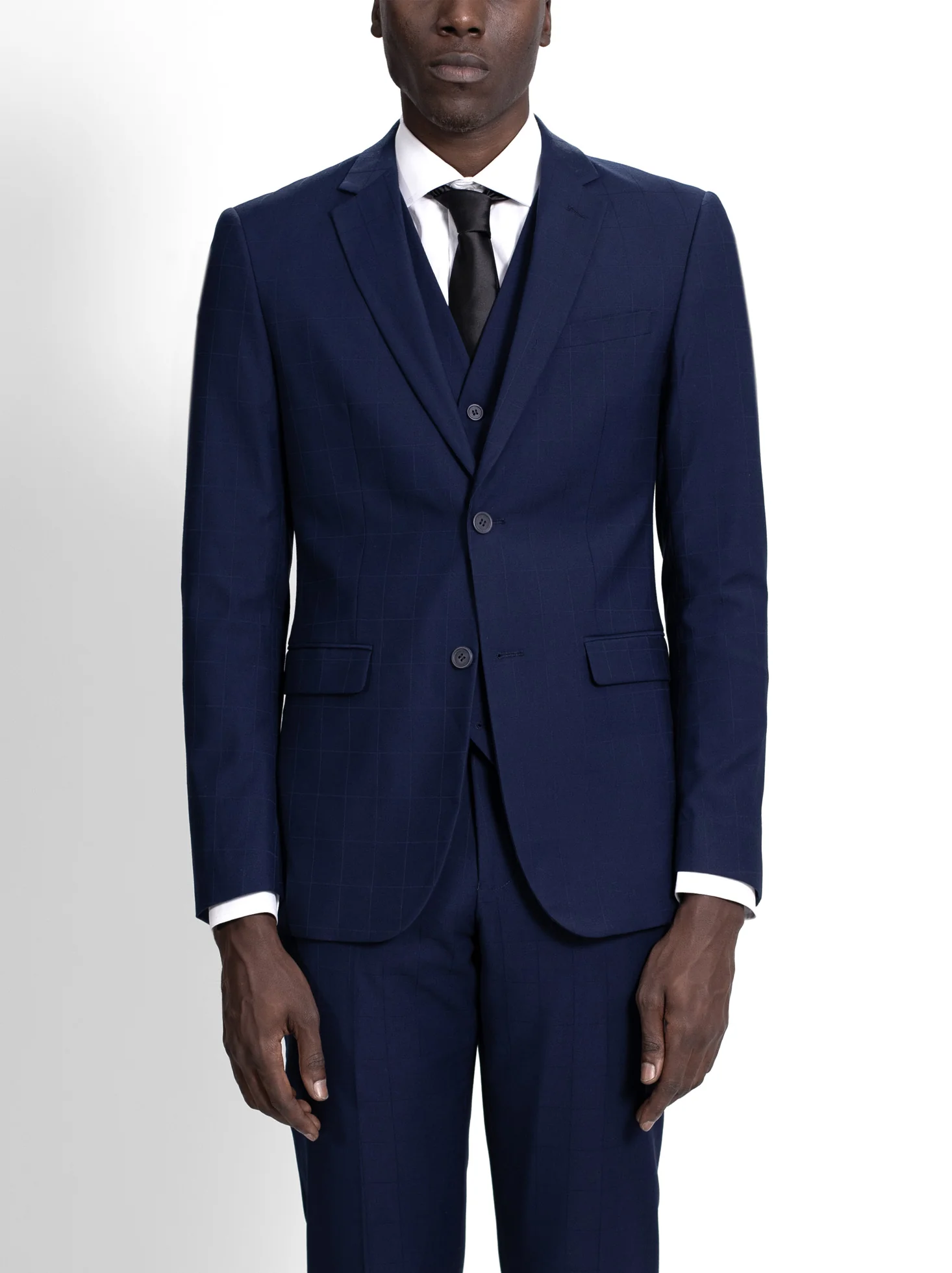 Navy Blue Windowpane Three Piece Suit - Image 3