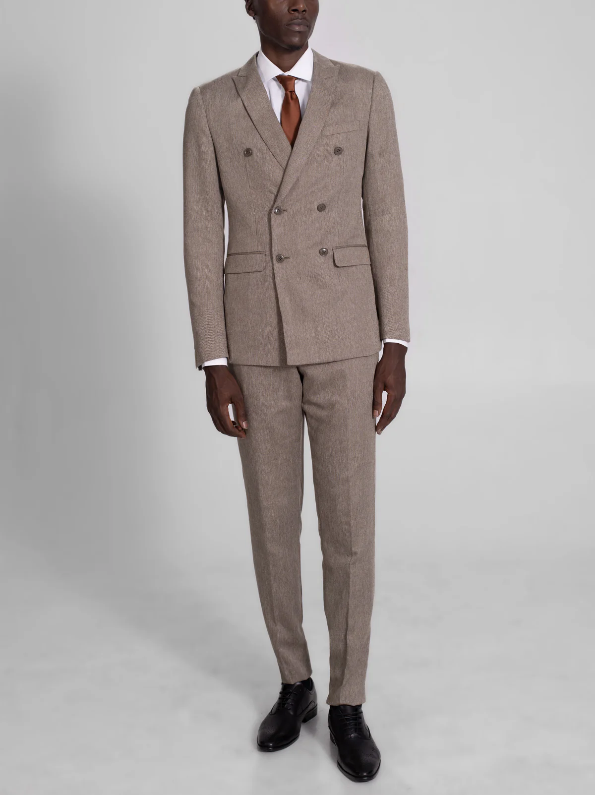 Oak Brown Herringbone Double Breasted Suit