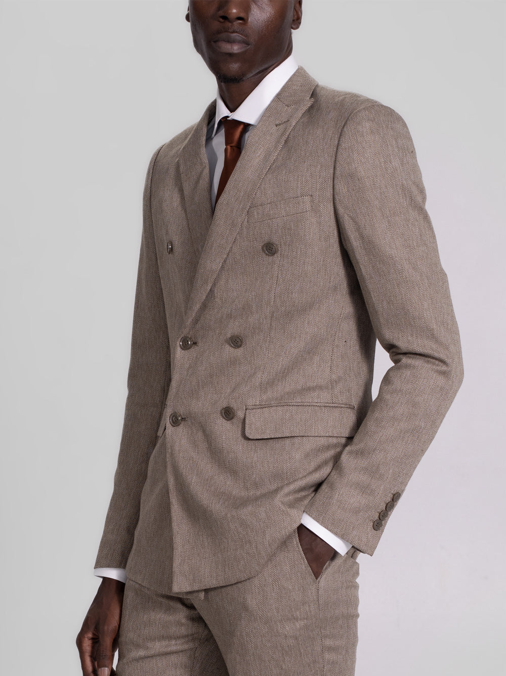 Oak Brown Herringbone Double Breasted Suit - Image 3