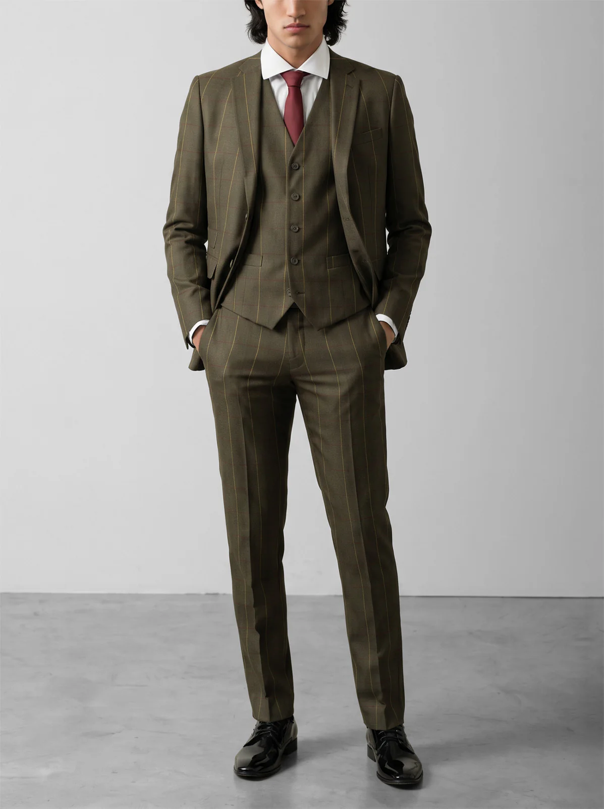 Olive Herringbone Windowpane Three Piece Suit