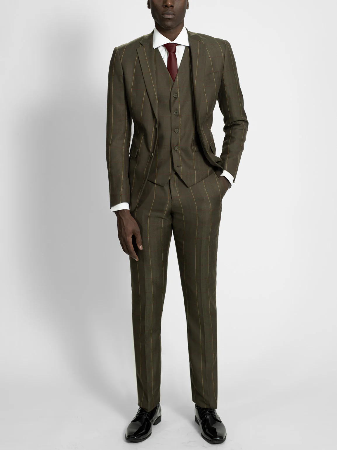 Olive Herringbone Windowpane Three Piece Suit - Image 2