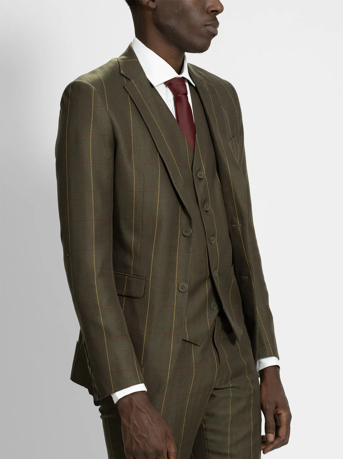 Olive Herringbone Windowpane Three Piece Suit - Image 3