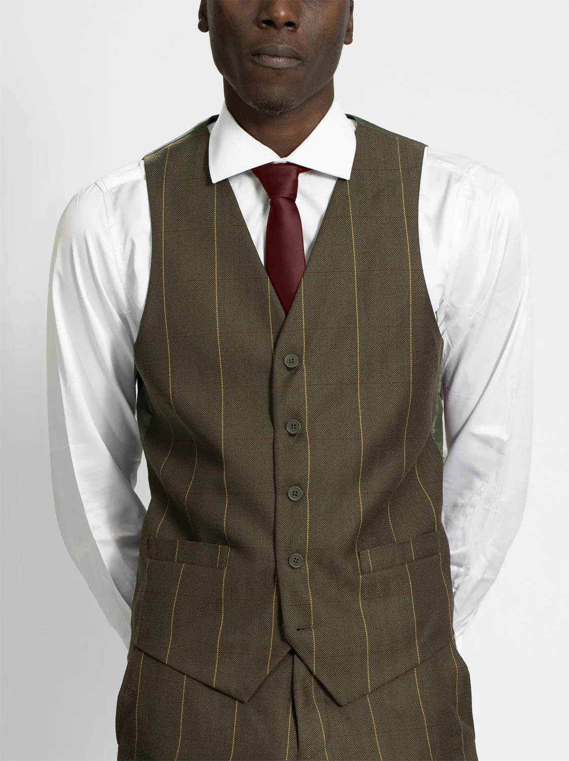 Olive Herringbone Windowpane Three Piece Suit - Image 4